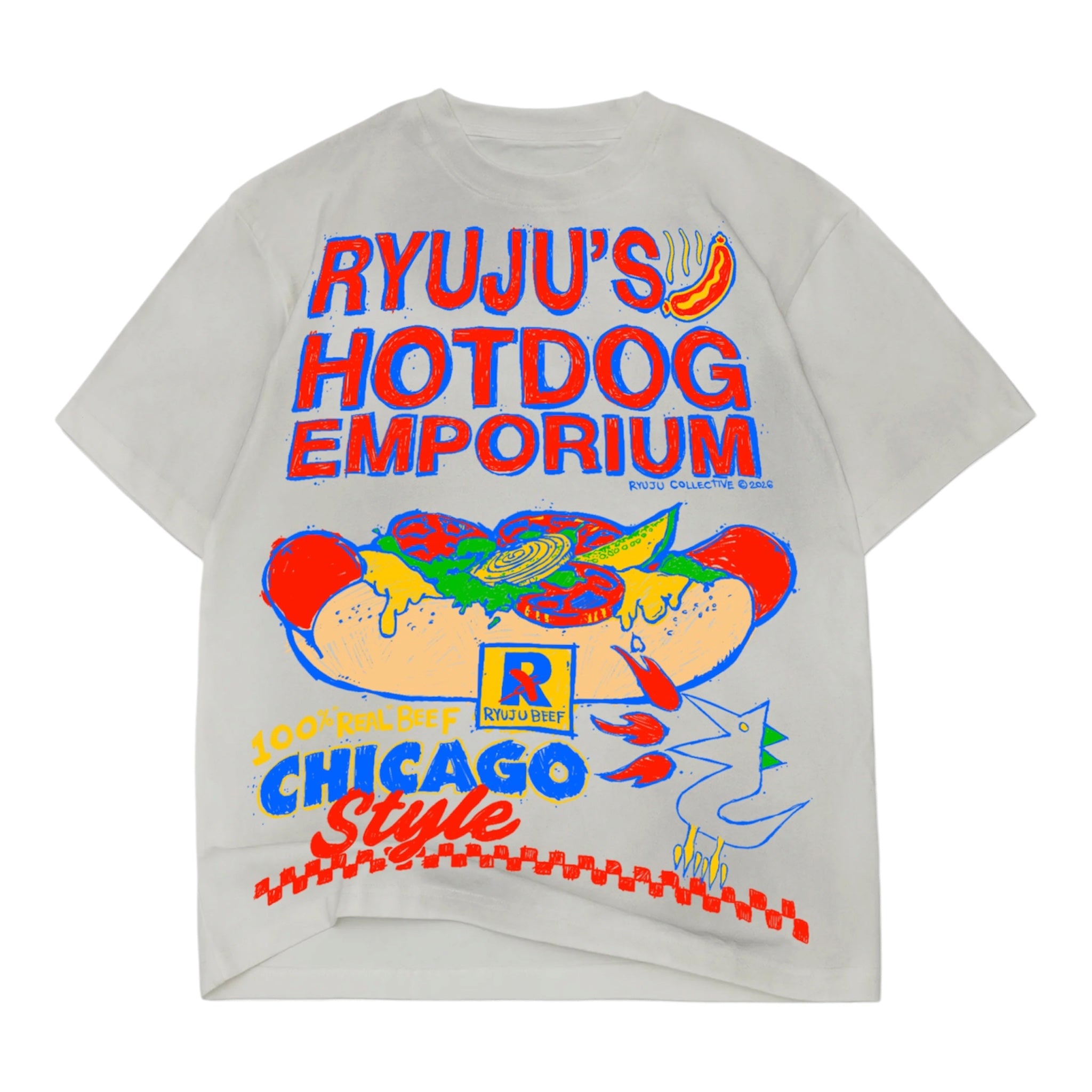 A light gray graphic t-shirt featuring a vibrant, colorful print on the front. The design includes the text 'RYUJU'S HOTDOG EMPORIUM' in red and blue, a hot dog filled with colorful ingredients, and 'CHICAGO Style' text with a small 'Ryuju' signature.