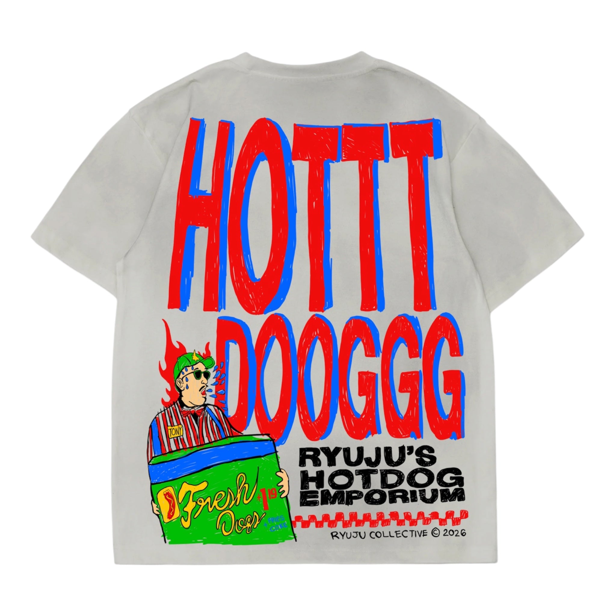 A light gray short-sleeve t-shirt with a large, colorful graphic print on the back. The design features the words 'HOTT DOOGG' in bold red letters outlined in blue, a cartoon hotdog character, and 'RYUJU'S HOTDOG EMPORIUM' in black text.